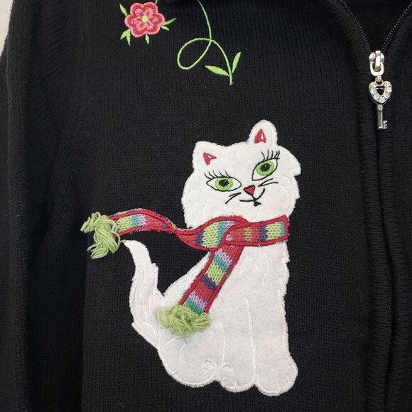 Alia Cat Cardigan Sweater Women's Petite L Black Full Zip Applique Embroidery - Picture 4 of 12